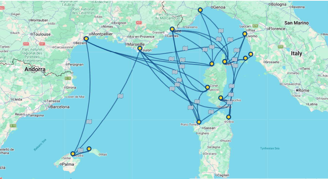 Mappa destinazioni Corsica Ferries nel Mediterraneo.